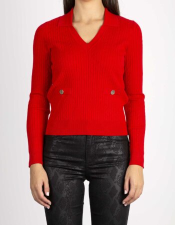 LIU JO-MAGLIA SCOLLO V M/L RIB&TWIST-LJMF3296MS99E ROUGE