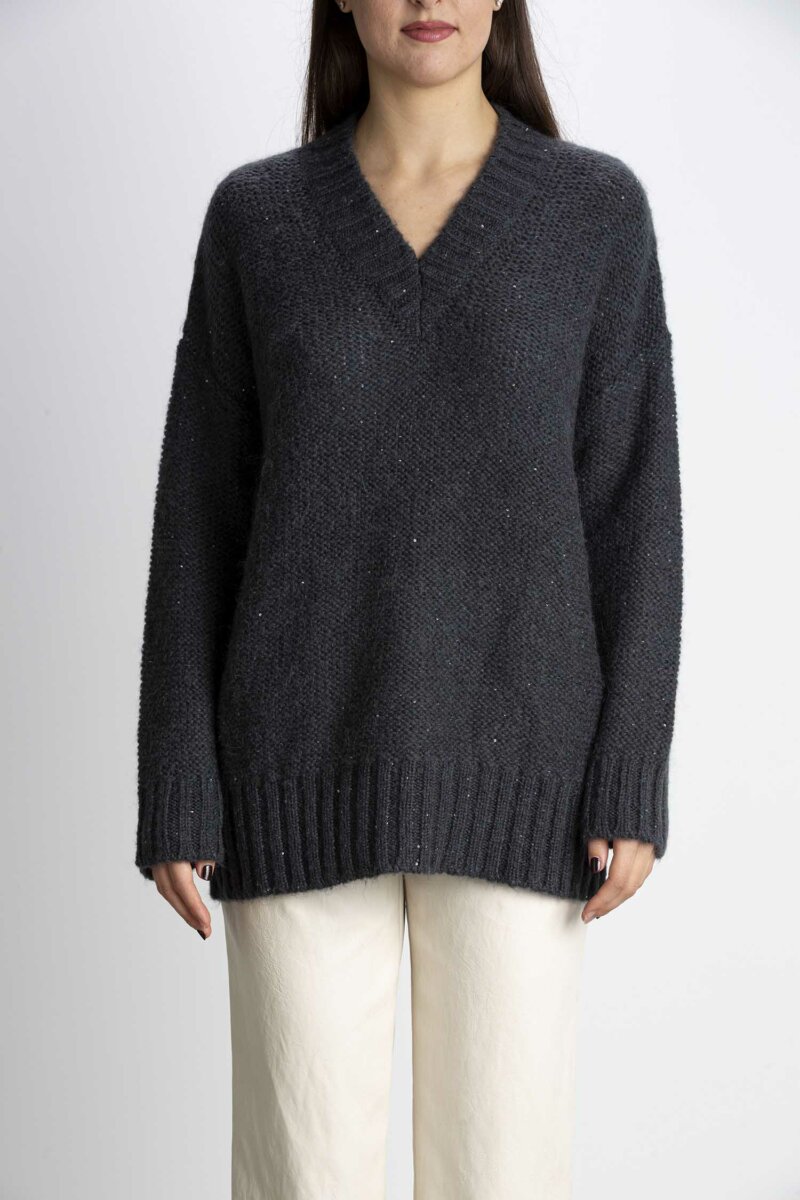 MARELLA-MJAGLIONE SCOLLO V IN ALPACA MOHAIR CON PAILLETTER-MACOLLA ANTRACITE