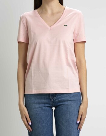 LACOSTE-T-SHIRT DONNA SCOLLO V-LCTF8392 ROSA