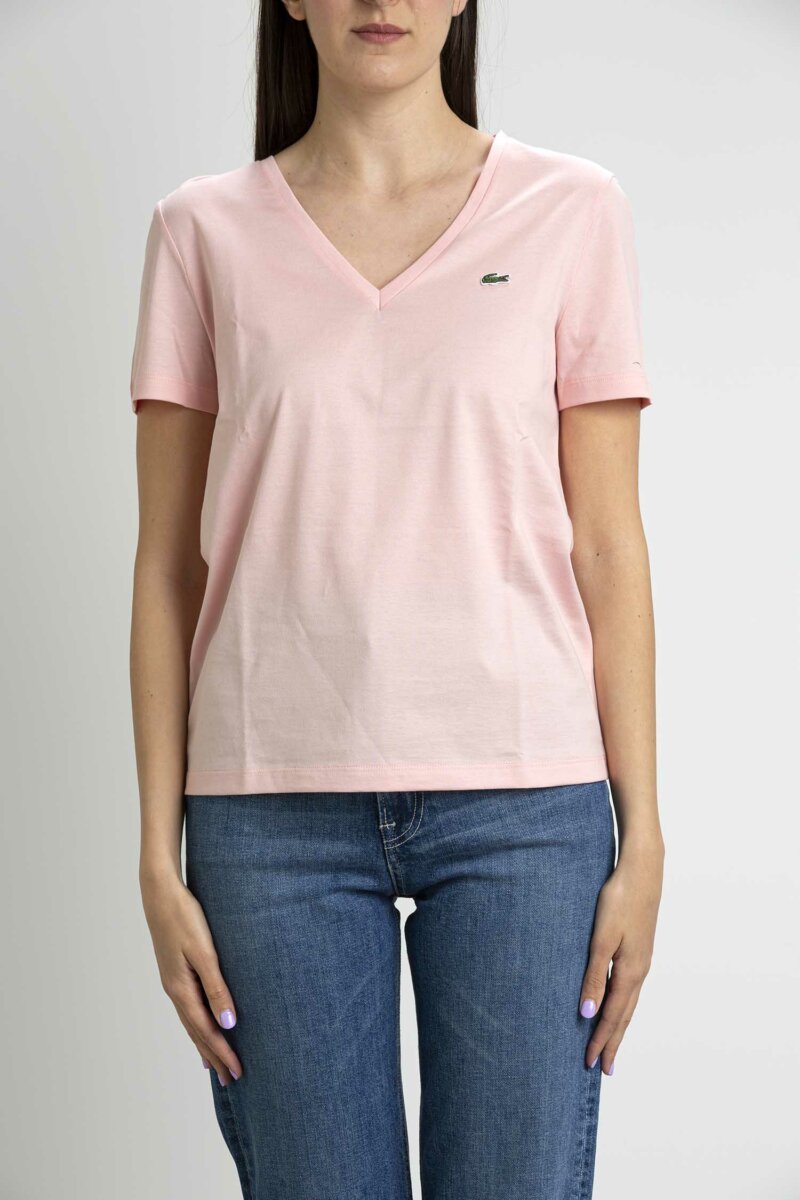 LACOSTE-T-SHIRT DONNA SCOLLO V-LCTF8392 ROSA