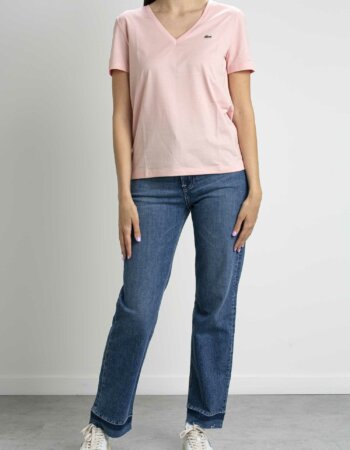 LACOSTE-T-SHIRT DONNA SCOLLO V-LCTF8392 ROSA