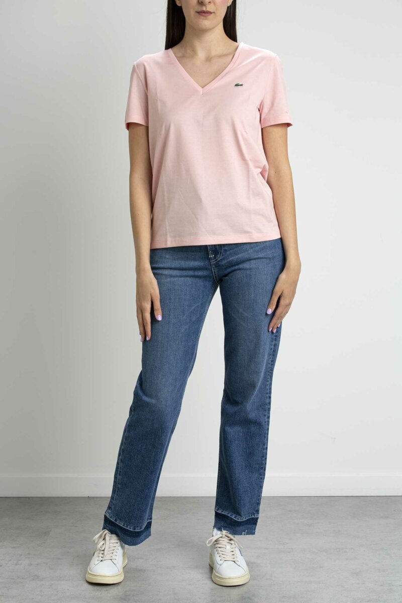 LACOSTE-T-SHIRT DONNA SCOLLO V-LCTF8392 ROSA
